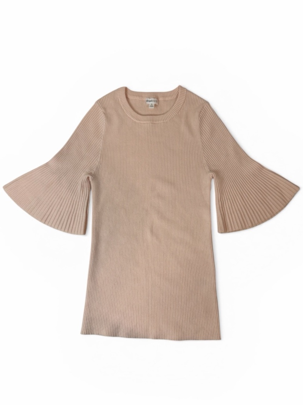 Minnie Rose Pale Pink Bell Sleeve Silk /Cotton Blend Ribbed Top - Feminine